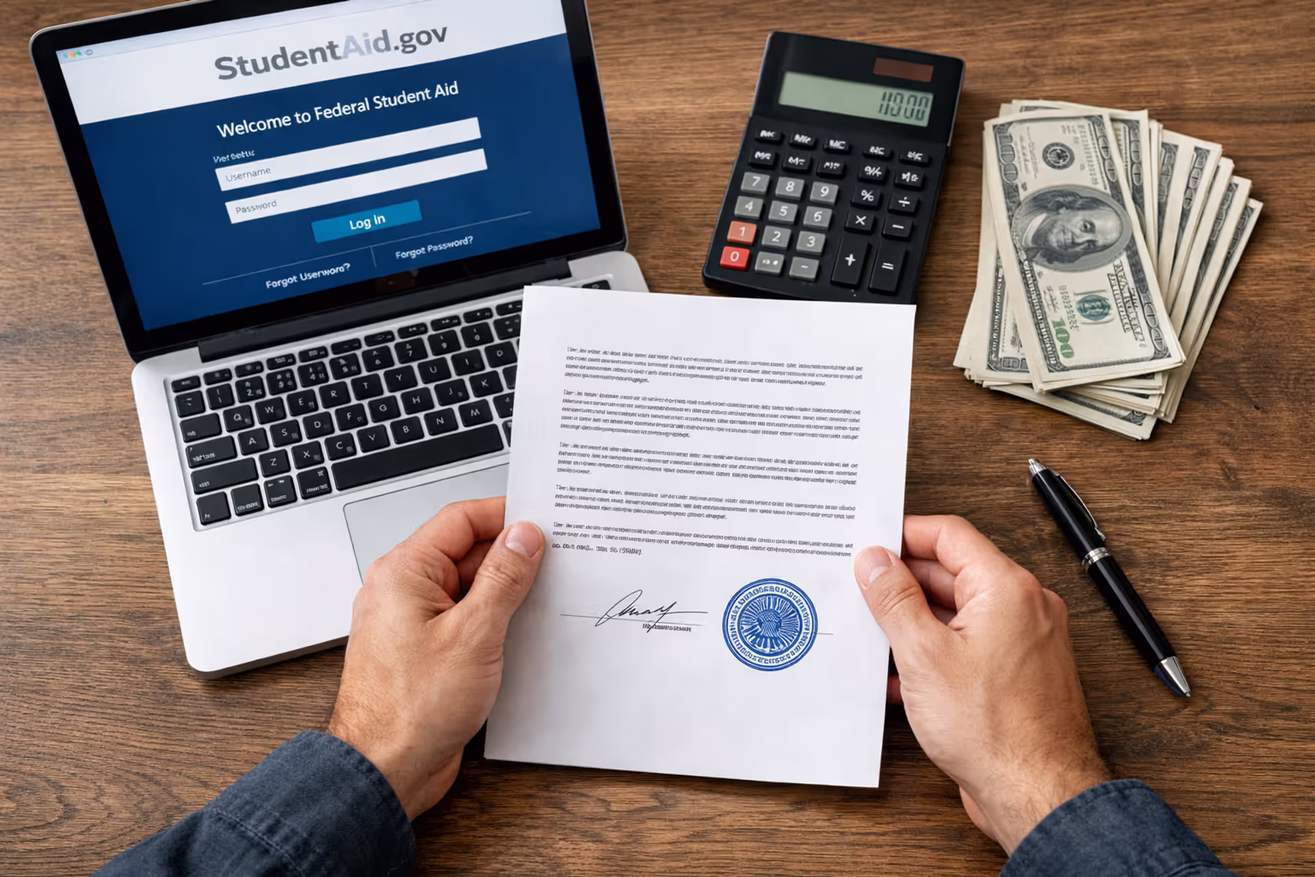 Overhead view of a person holding an official loan document at a desk with a laptop, calculator, and dollar bills representing student loan rehabilitation process