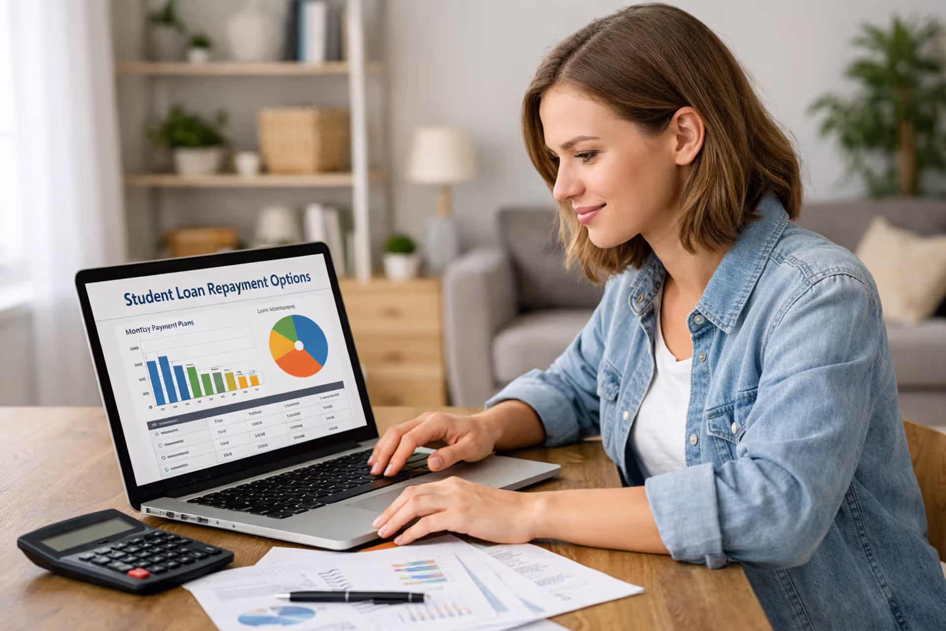 Young person sitting at a desk with a laptop reviewing student loan repayment options in a bright home office with documents and calculator nearby
