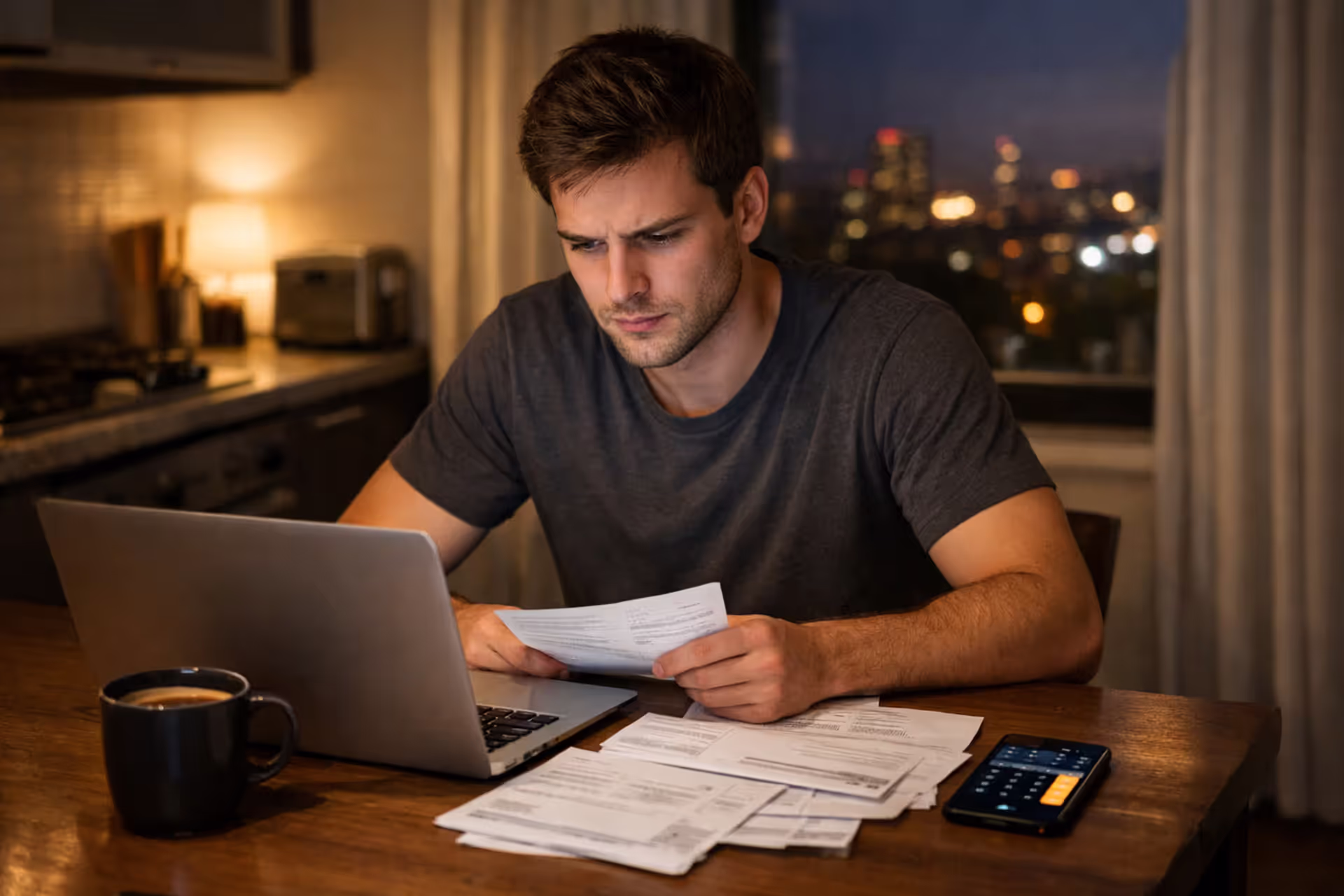 Young person sitting at kitchen table with laptop and paper bills calculating student loan payments in a small apartment