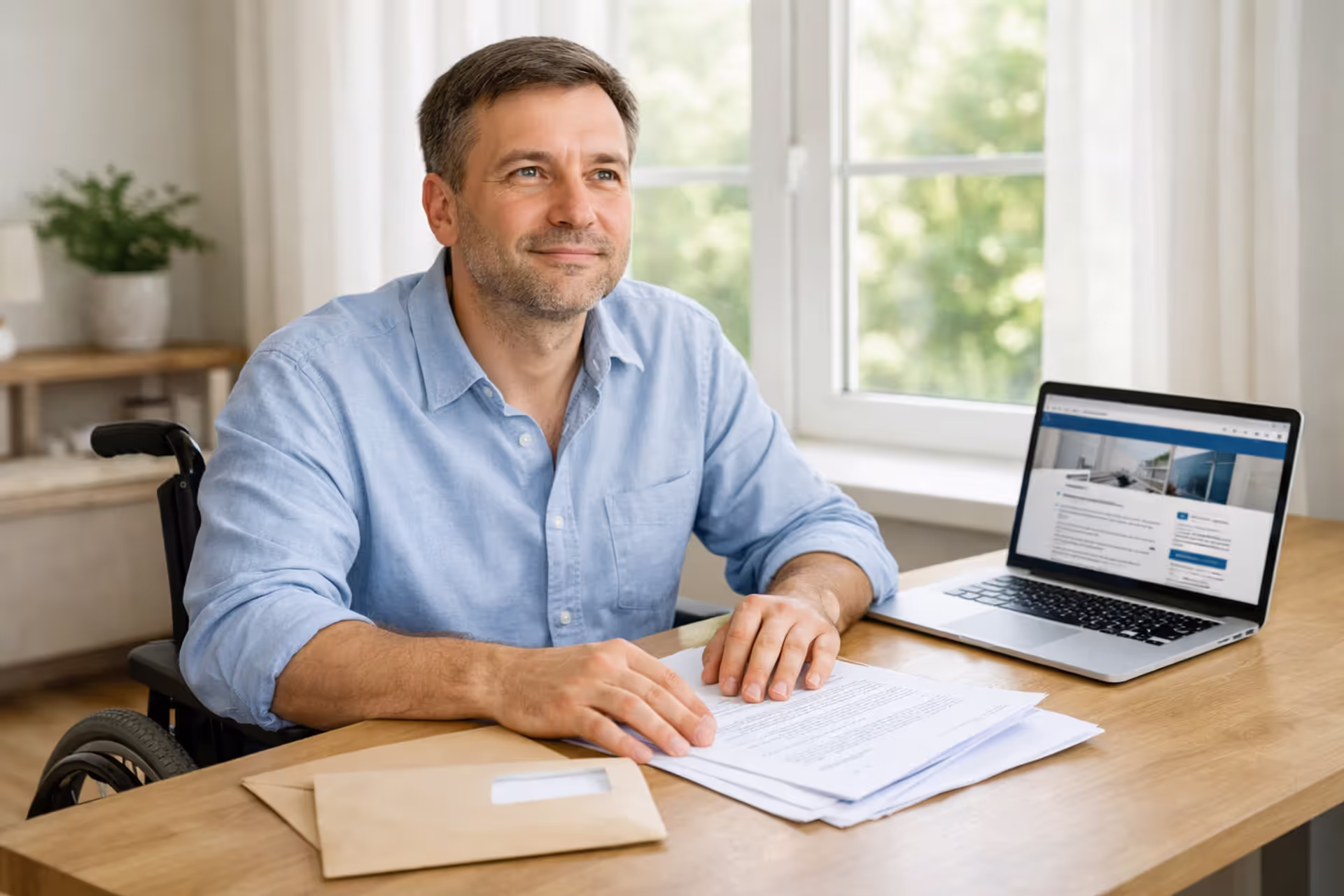 Person in wheelchair reviewing official disability discharge documents at a desk with a laptop in a bright room