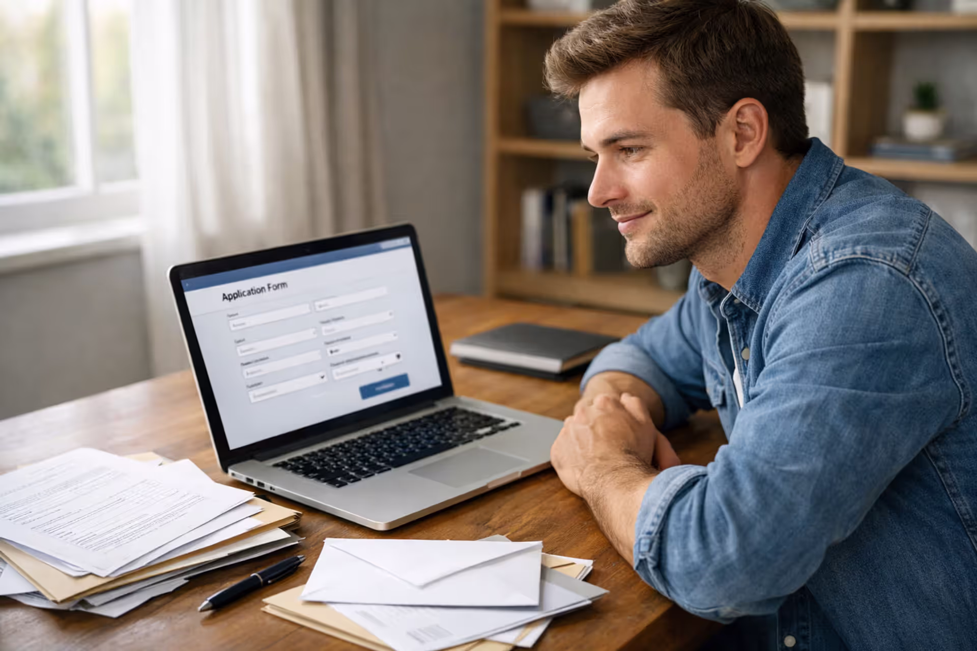 Young person sitting at a home desk reviewing student loan documents on a laptop with a hopeful expression