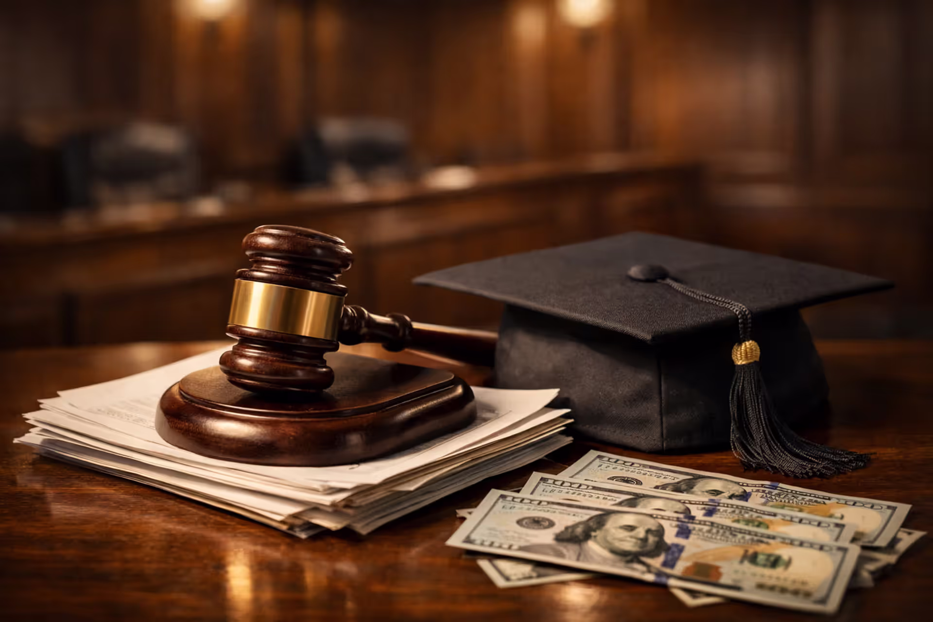 Judges gavel on legal documents next to graduation cap and dollar bills in a courtroom setting