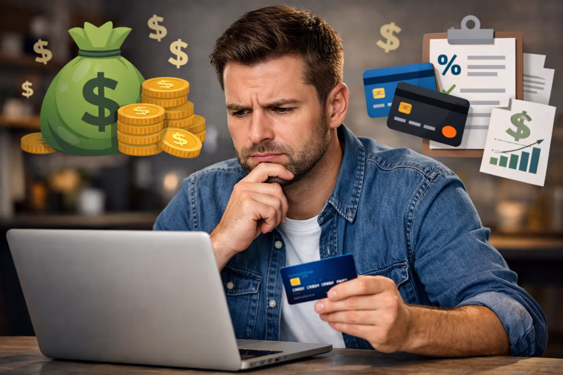 Person holding credit card looking at student loan bill on laptop screen with uncertain expression, money and credit symbols in background