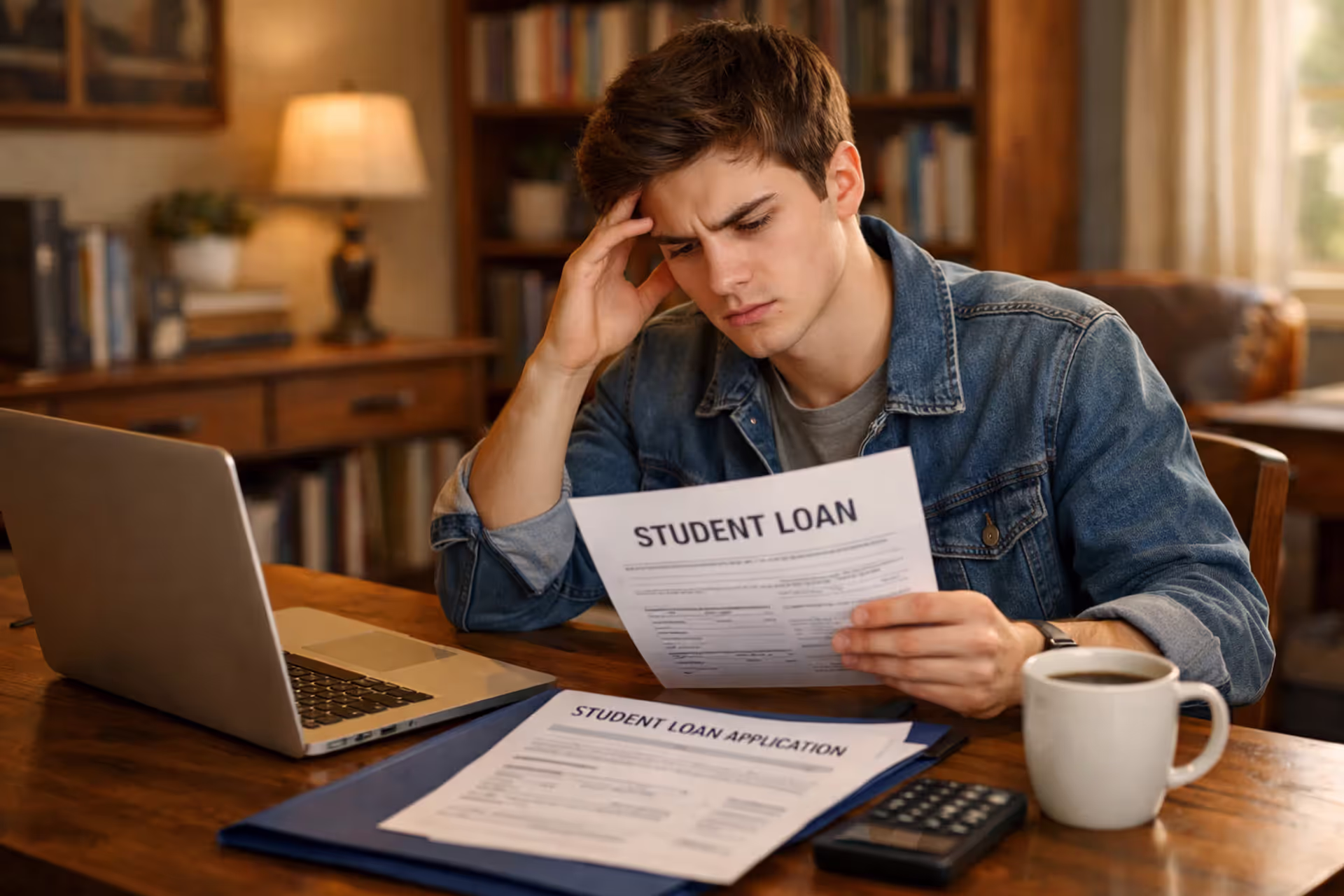 Student reviewing college loan documents at desk with laptop and paperwork