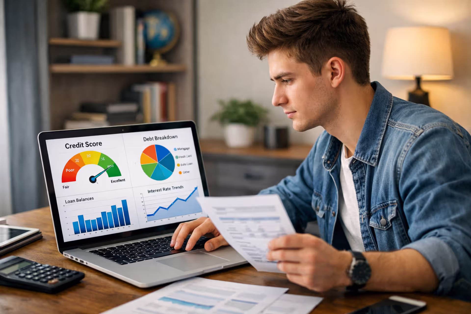 Young student studying loan documents on laptop with credit score graphs and financial charts displayed