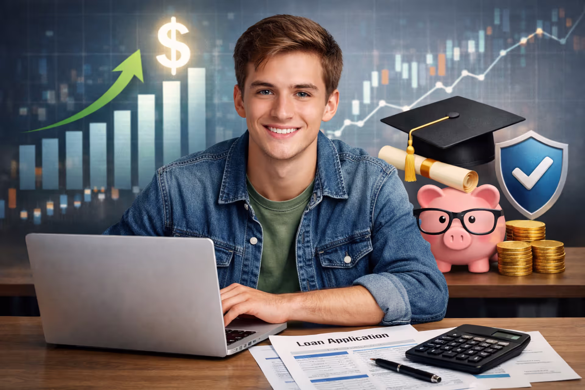 Student reviewing loan documents and calculator on desk with financial growth charts in background