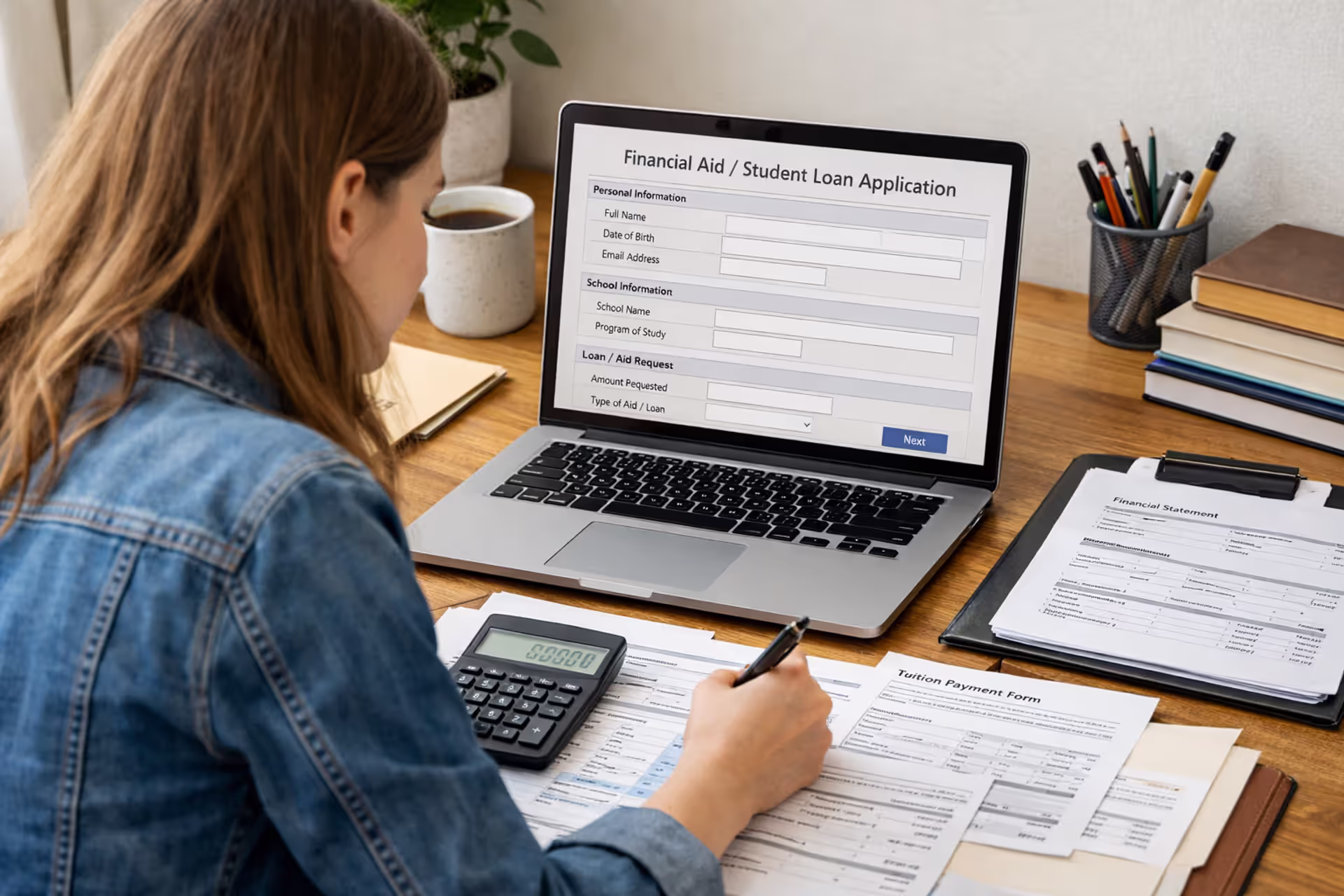 Student reviewing college loan documents and online financial aid application