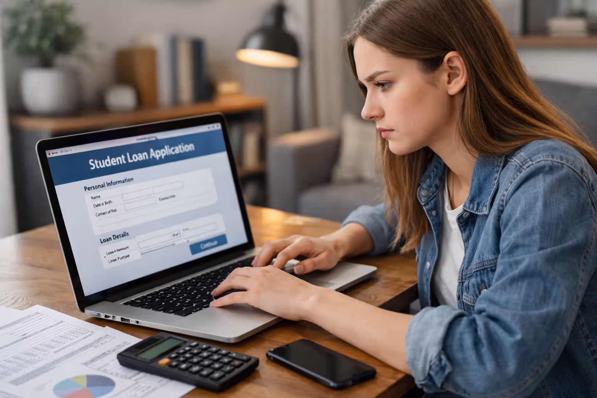Student reviewing an online student loan application at a desk