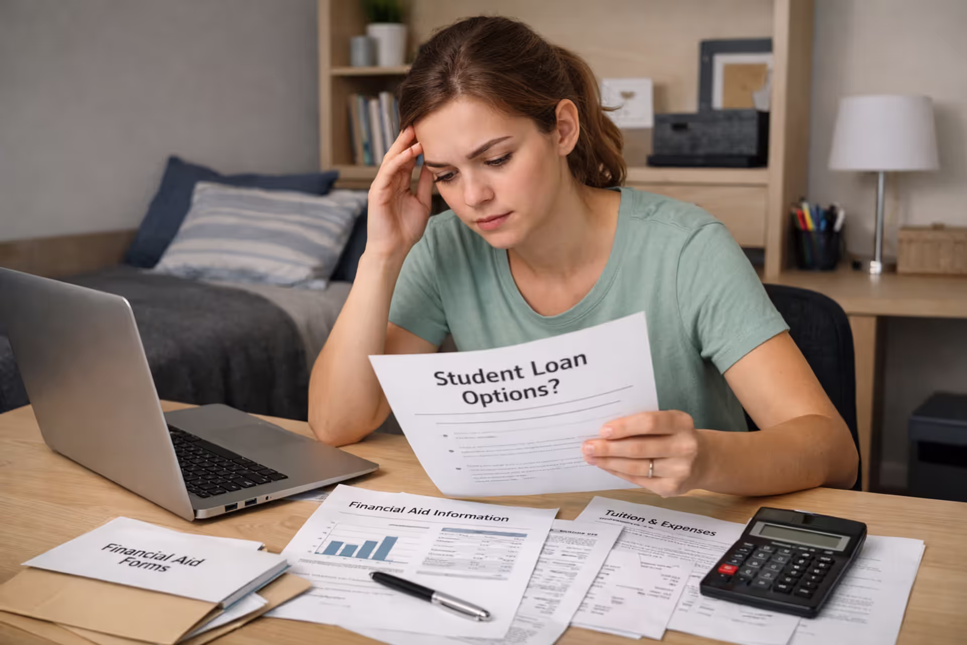 Student reviewing college loan documents and financial aid papers at a desk