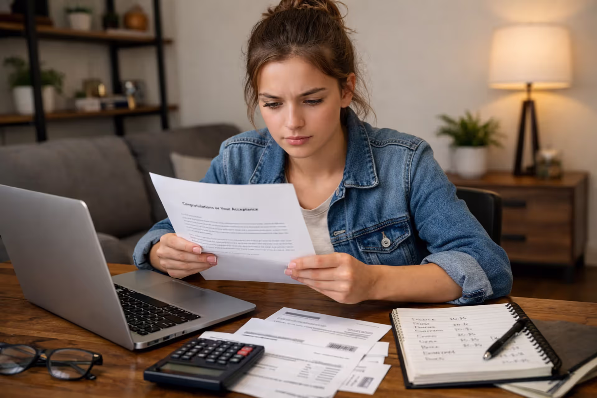Student reviewing college acceptance letter and tuition costs at desk
