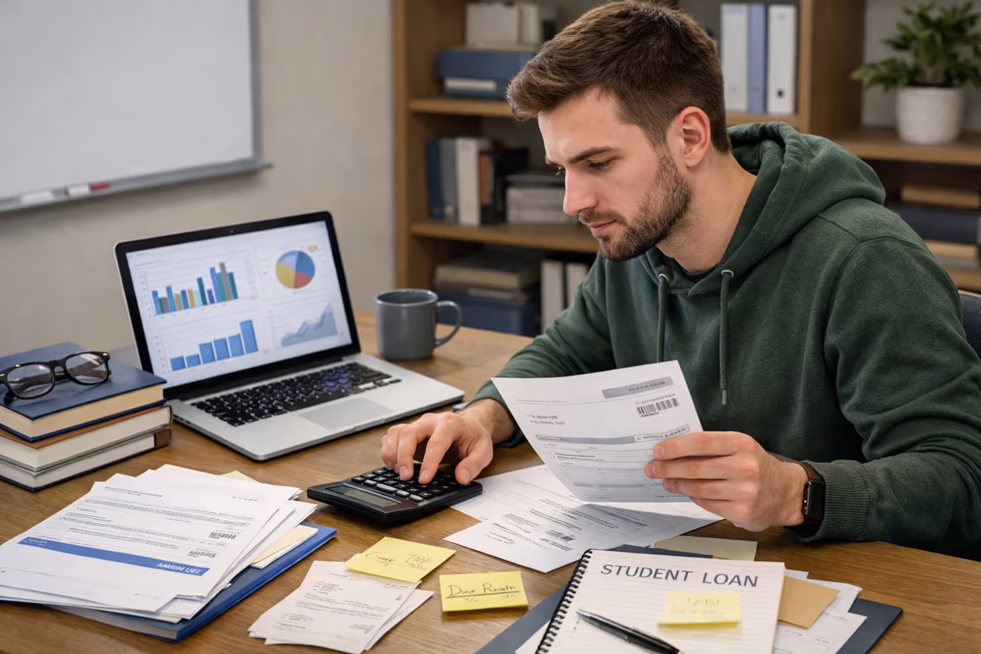 Graduate student reviewing tuition bills and loan documents at a desk