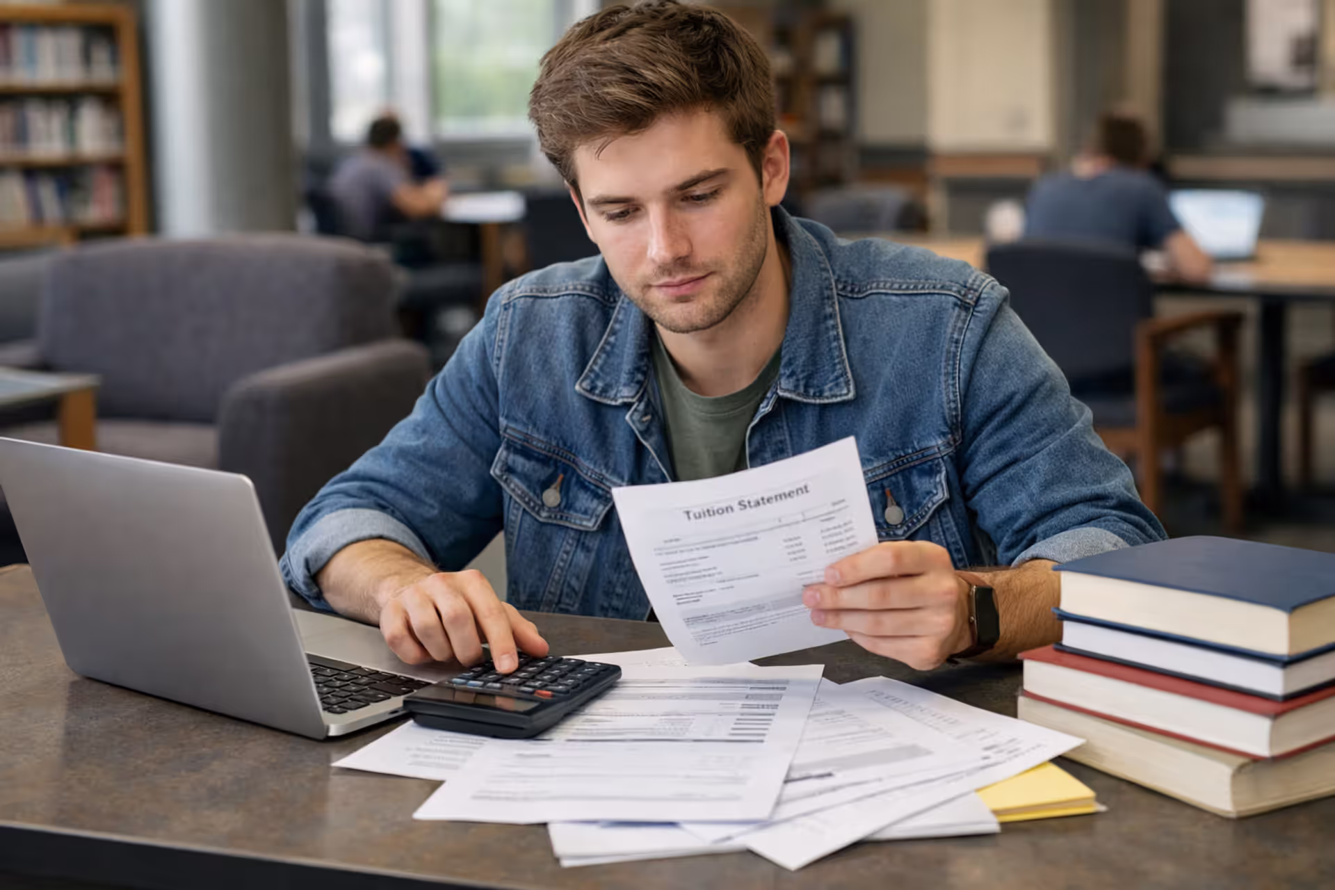 Student reviewing college costs and federal loan documents at a desk